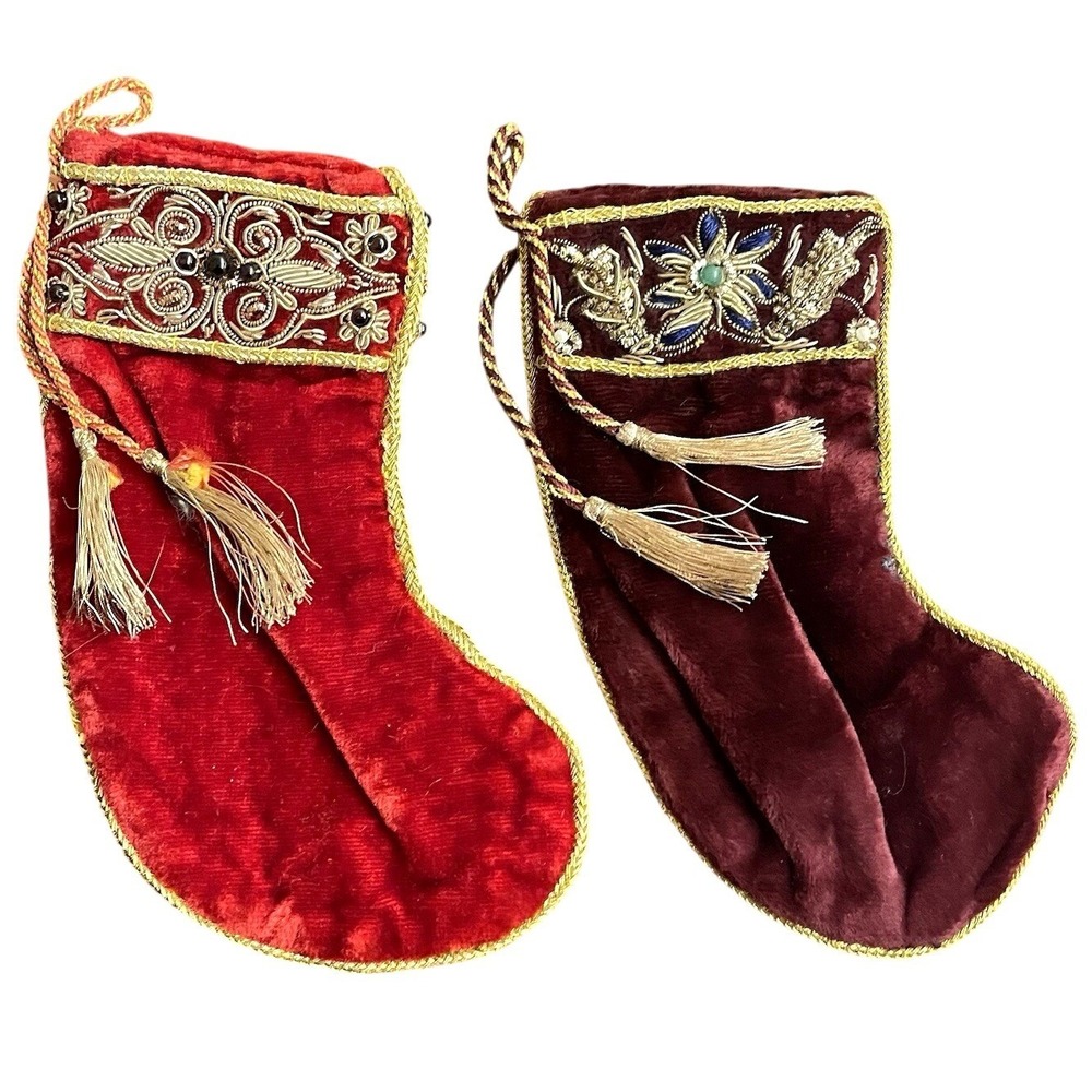 Neiman Marcus Precious Stone Gold Embroidered Velvet‎ Christmas Stocking Sudha